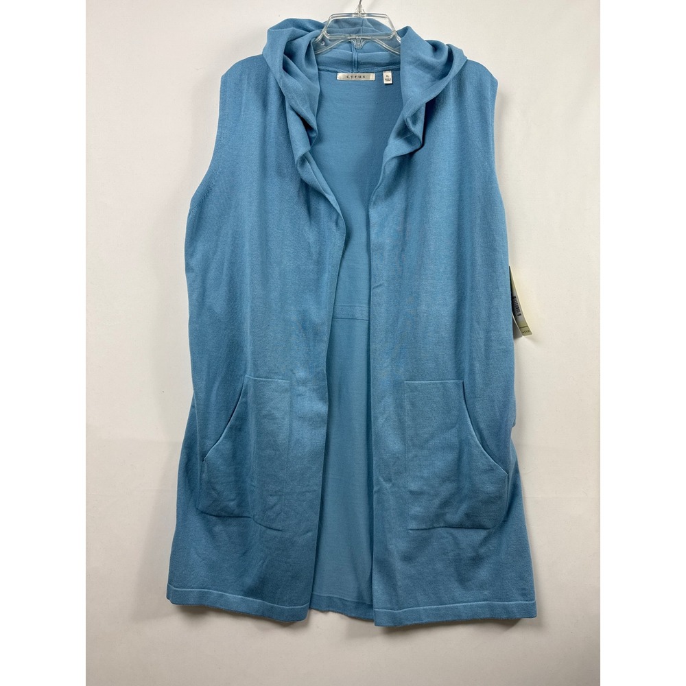 Cyrus Hooded Cardigan Vest Women XL Azure Blue Open Front Pockets Mid Length